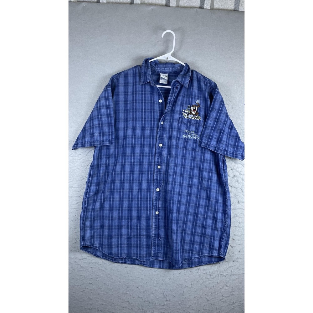Warner Bros Studio Store Shirt Mens Large Blue Plaid Short Sleeve Taz Looney